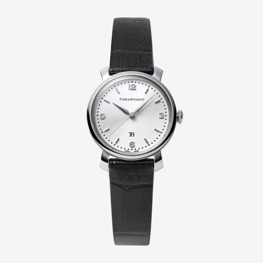 Coquericot正面: ひなげしをモチーフにした腕時計（ケースステンレス色、革ブラック、文字板ホワイト）