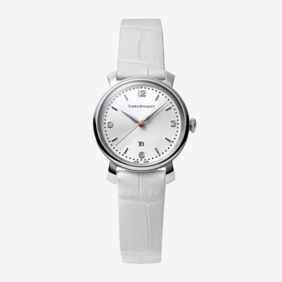 Coquericot正面: ひなげしをモチーフにした腕時計（ケースステンレス色、革ホワイト、文字板ホワイト）